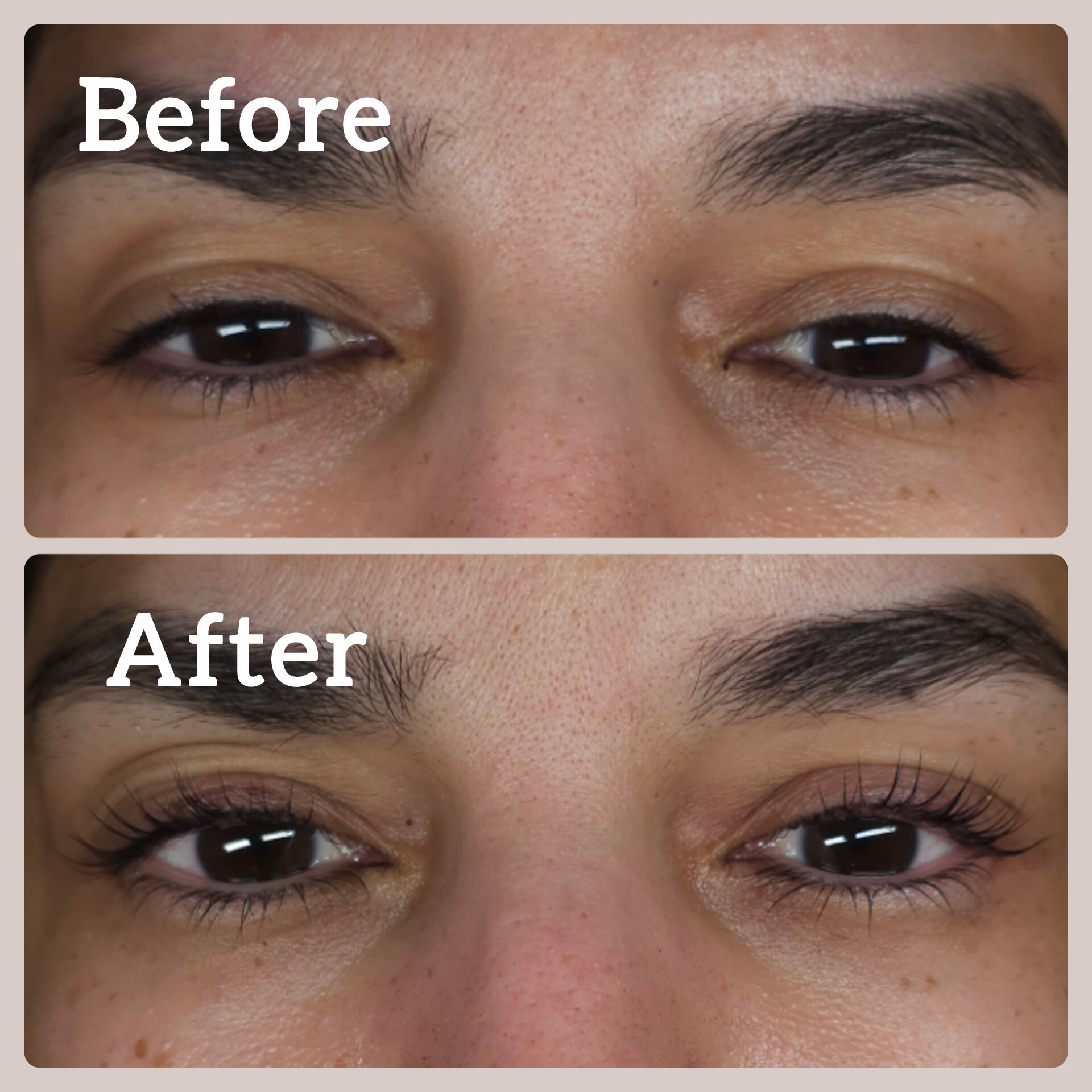 Client lash lift and tint shown before and after treatment