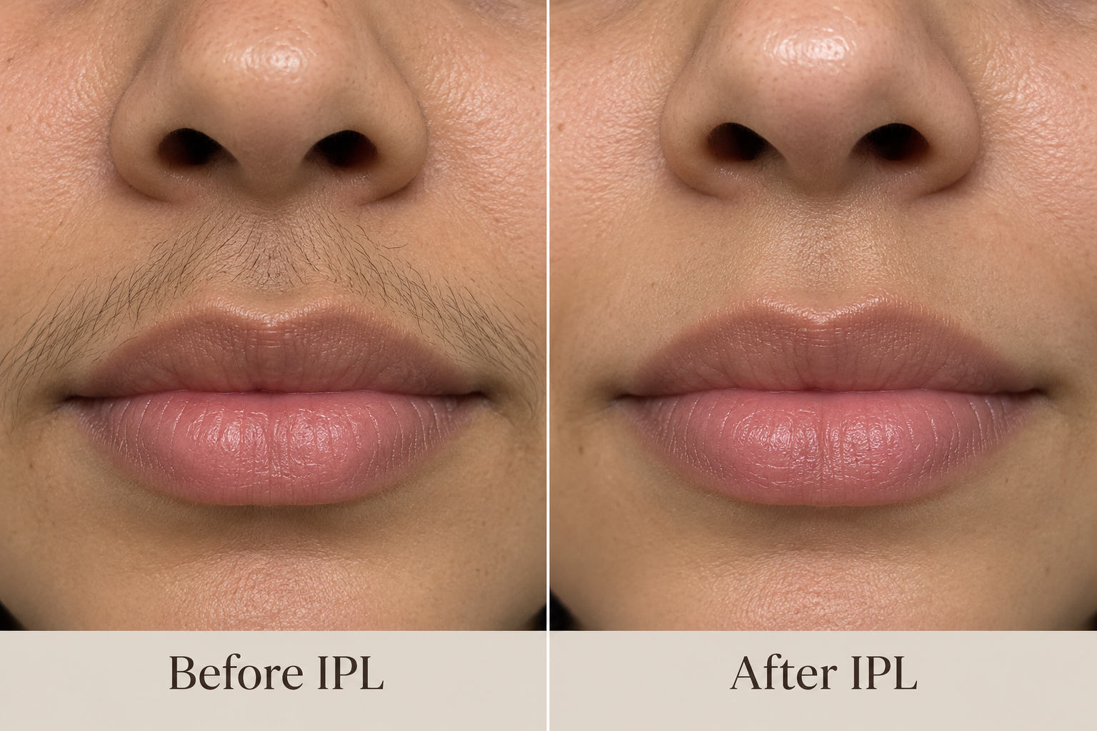 Before and after IPL hair reduction on the upper lip