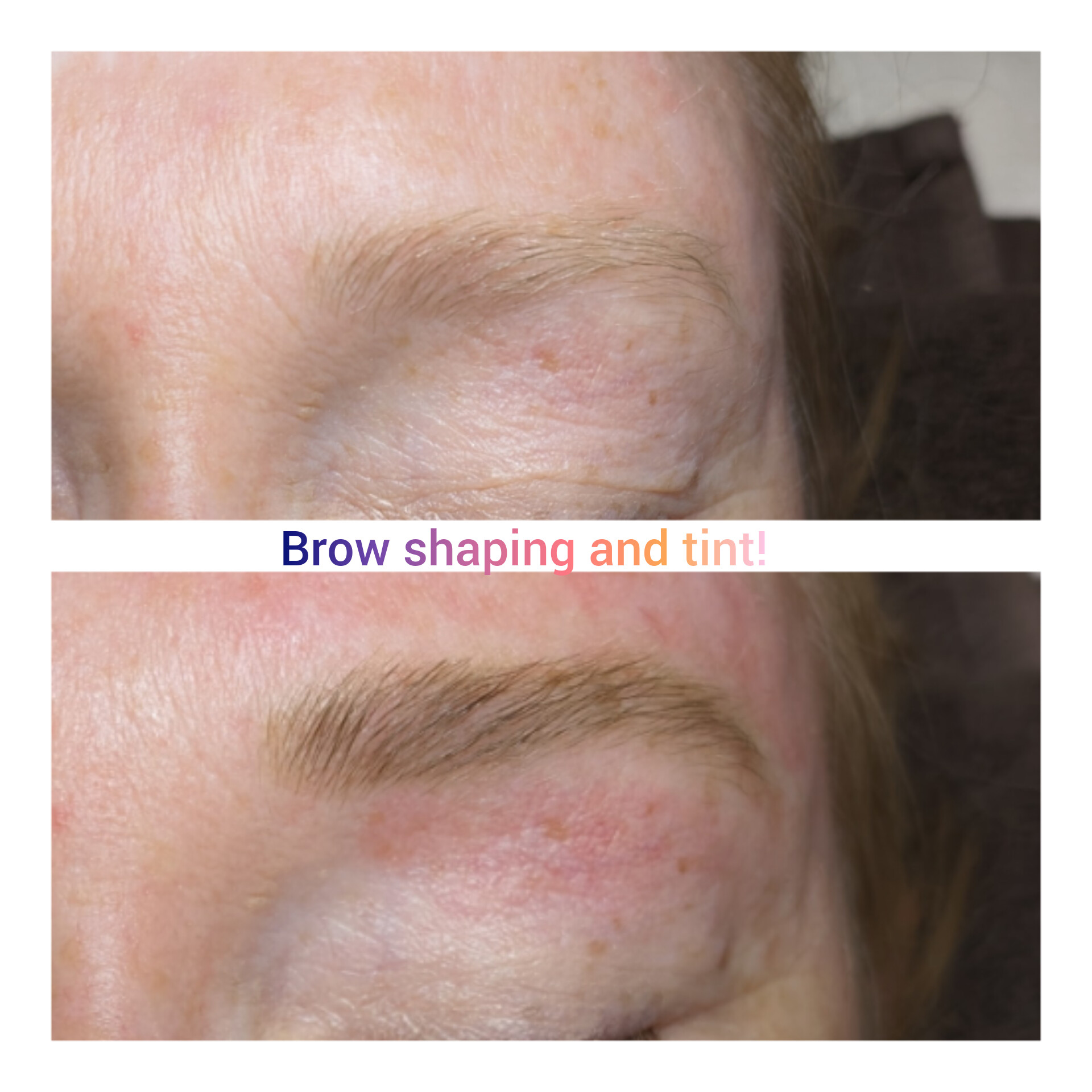 Client brow shaping and tint shown before and after treatment
