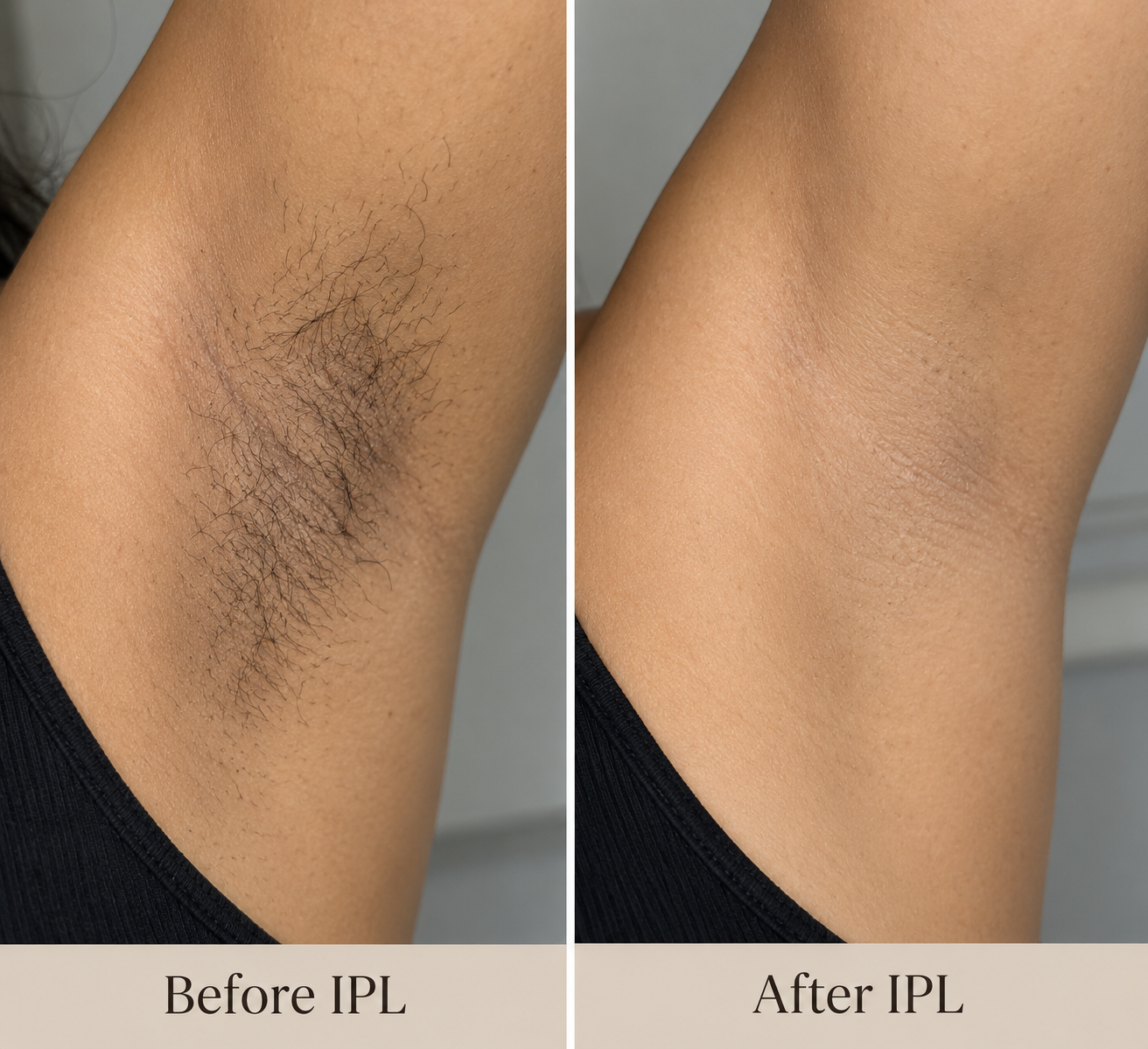 Before and after IPL hair reduction on the underarm