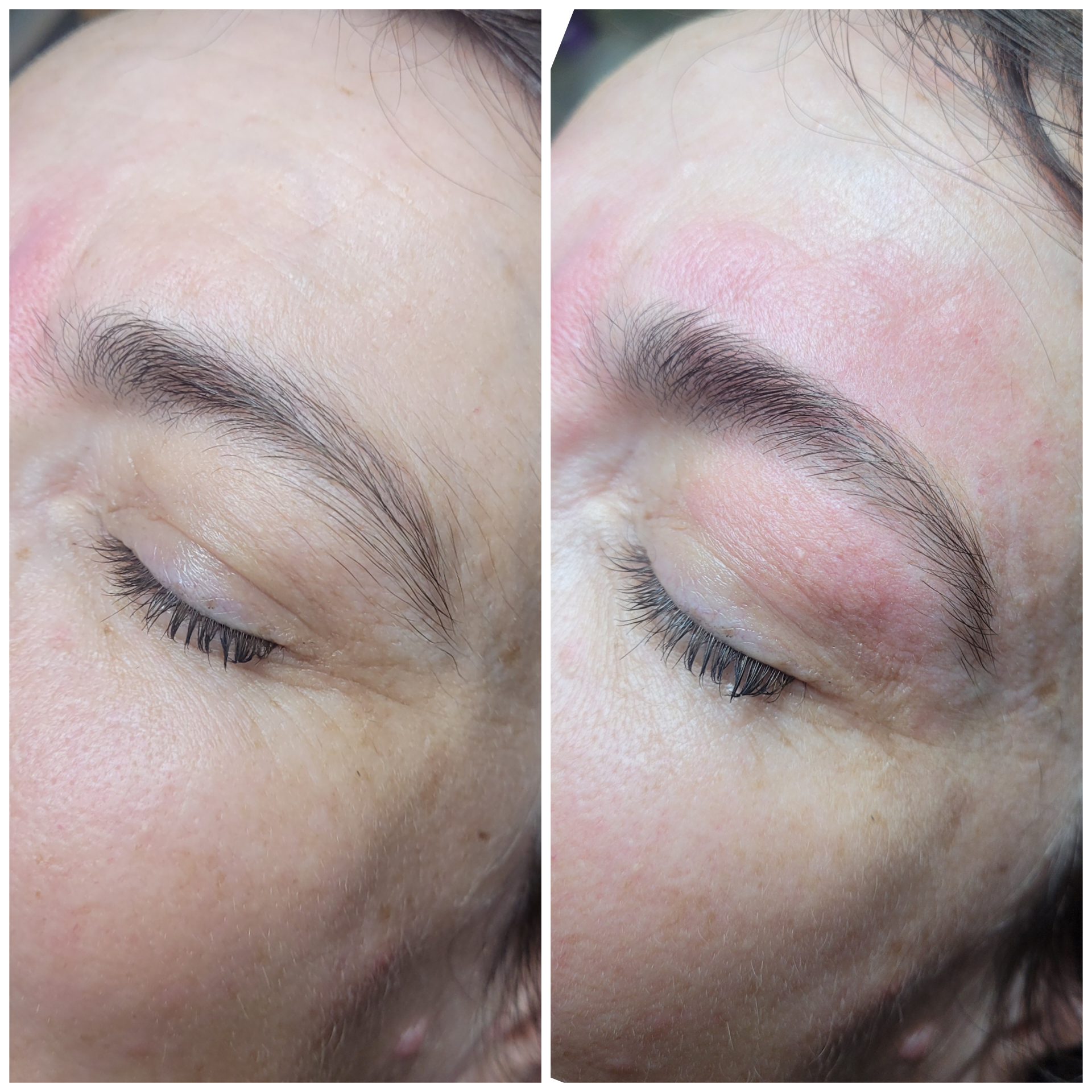 Client brow shaping shown before and after treatment