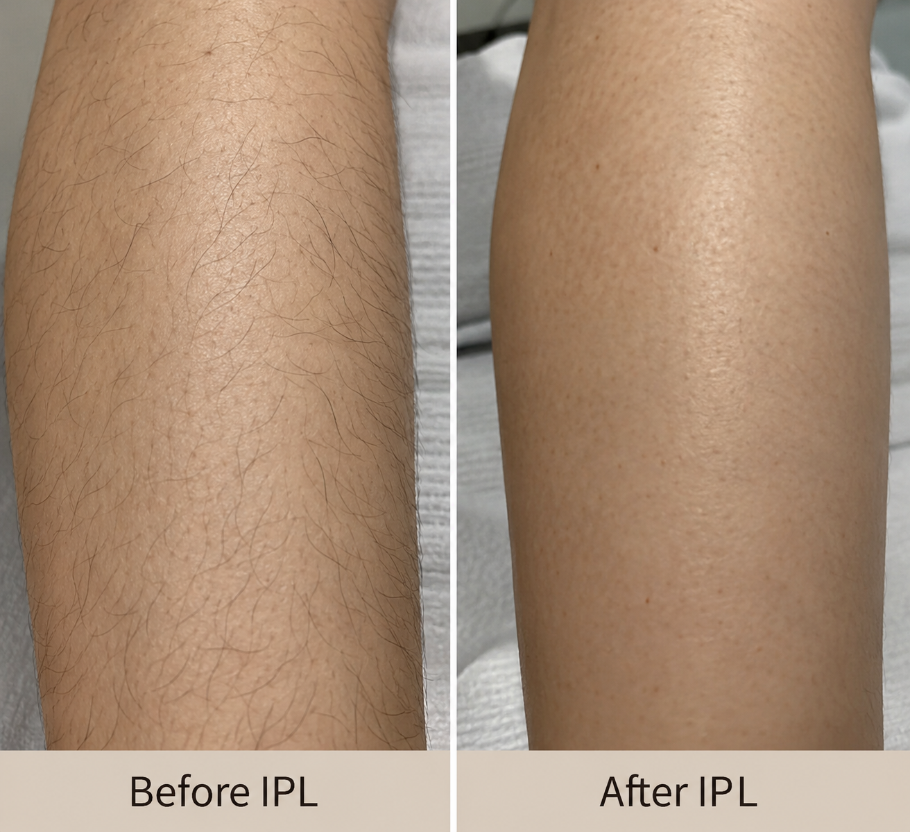 Before and after IPL hair reduction on the lower leg