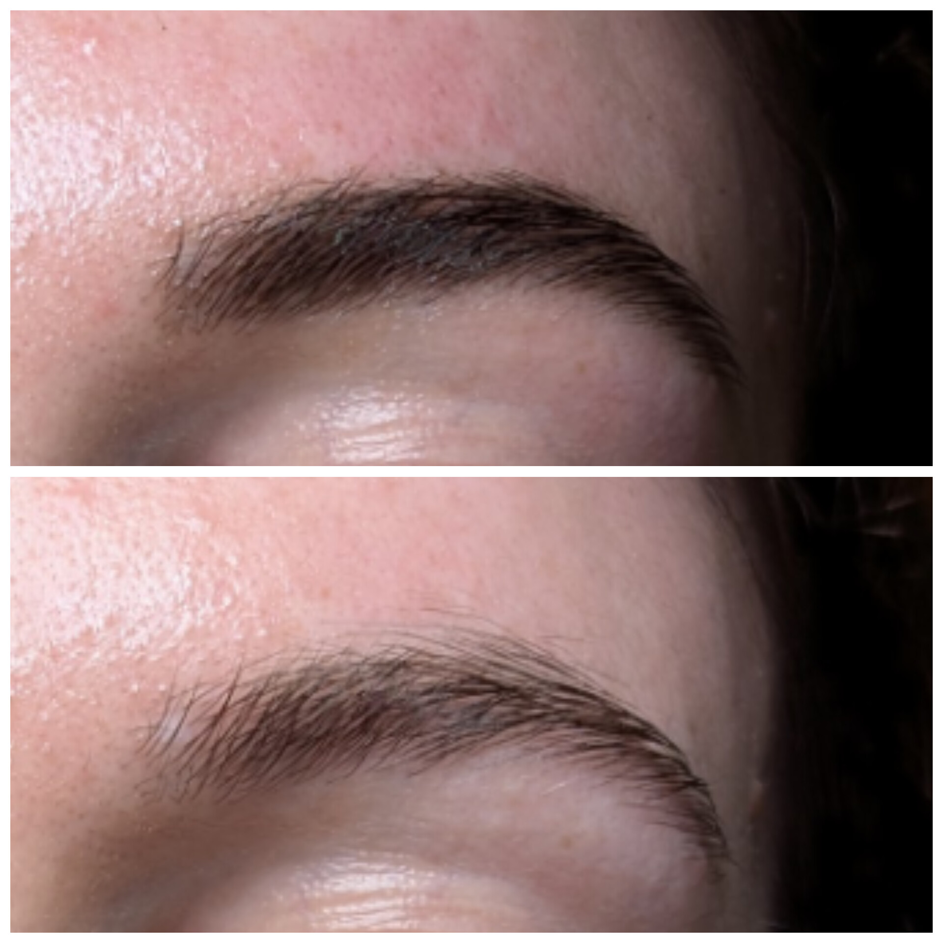 Client brow shape and tint shown before and after treatment