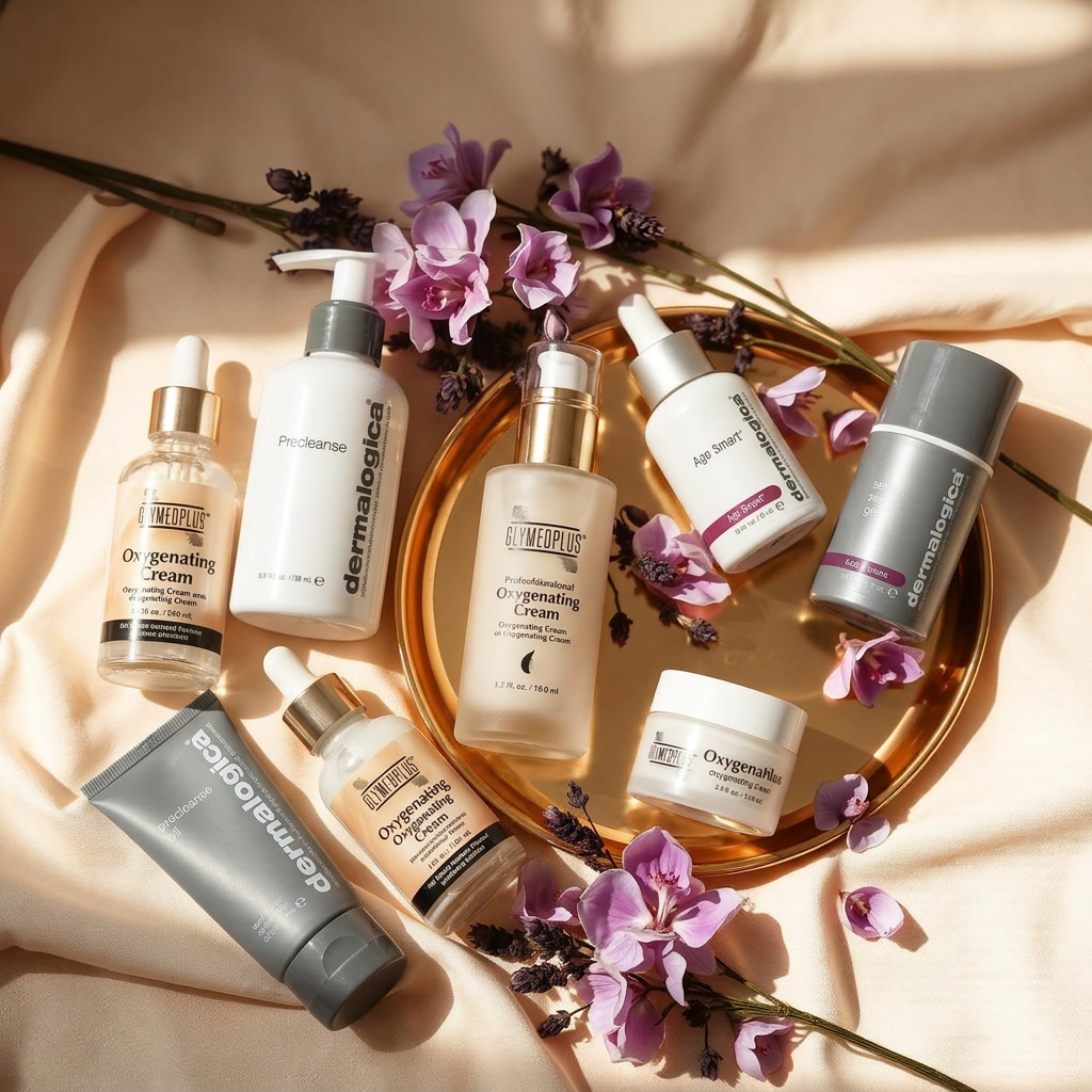 Professional skincare bottles and jars arranged on a champagne gold tray